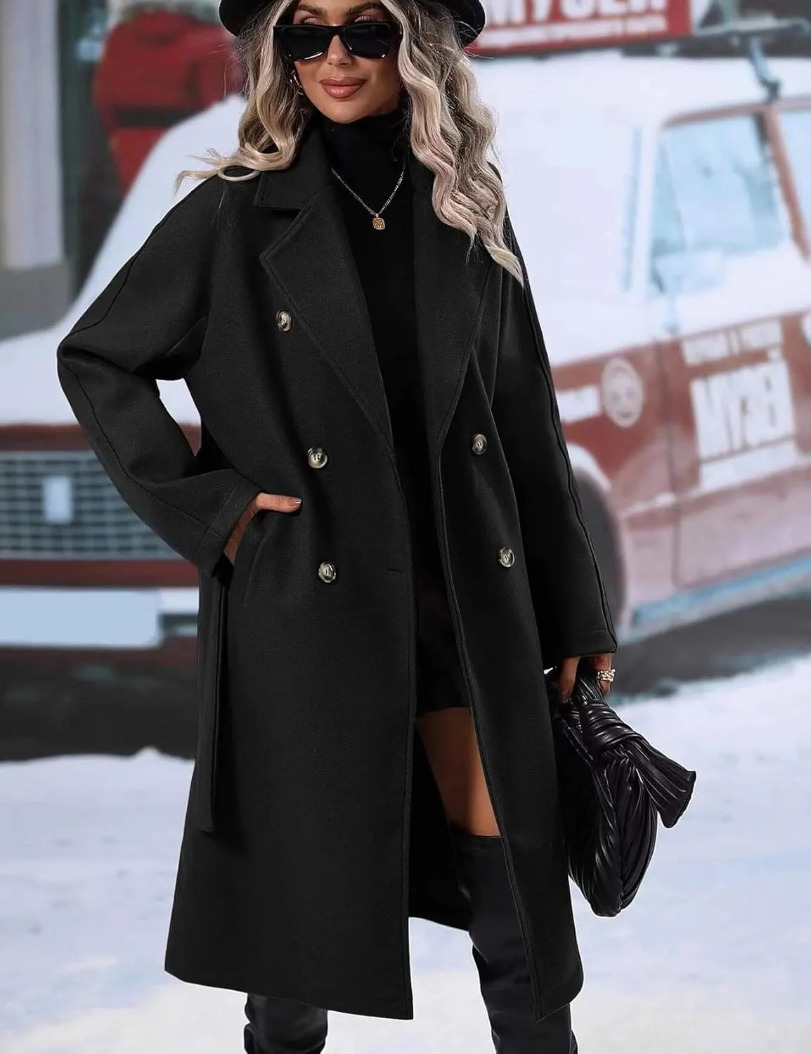 Perbai Women's Winter Wool Blend Jacket Casual Notched Lapel Double Breasted Long Peacoat with Belt Pockets