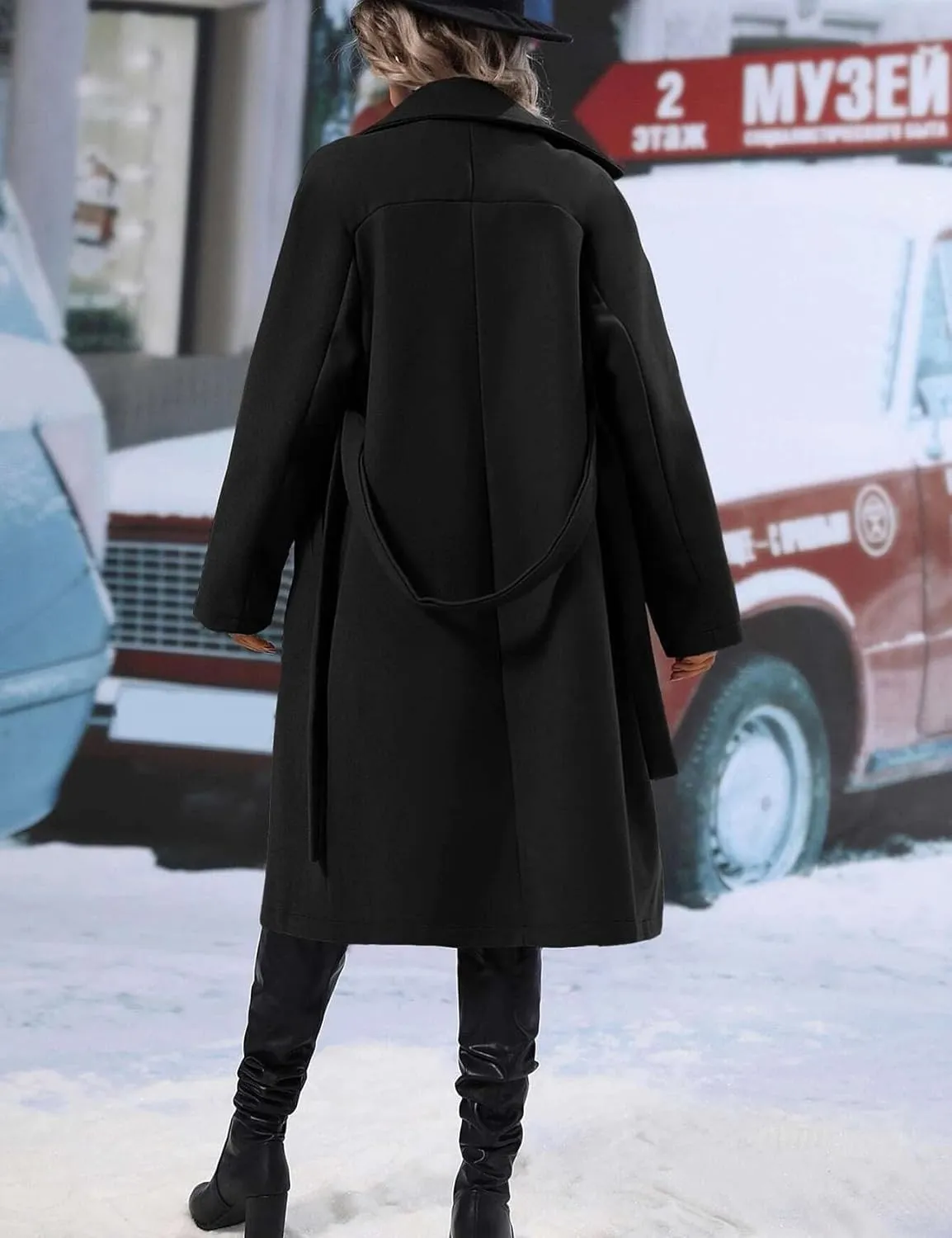 Perbai Women's Winter Wool Blend Jacket Casual Notched Lapel Double Breasted Long Peacoat with Belt Pockets