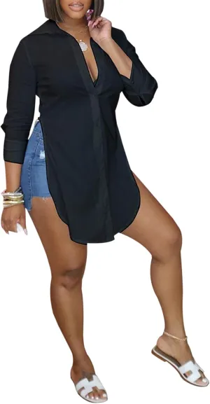 qfmqkpi Women Sexy V Neck Shirts Side Slit Print Long Sleeve Button Down Blouse Tops