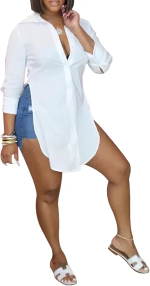 qfmqkpi Women Sexy V Neck Shirts Side Slit Print Long Sleeve Button Down Blouse Tops