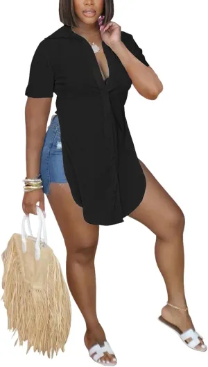 qfmqkpi Women Sexy V Neck Side Slit Collared Blouse Button Down Short Sleeve Long Shirts Tops