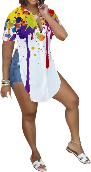 qfmqkpi Women Sexy V Neck Side Slit Collared Blouse Button Down Short Sleeve Long Shirts Tops