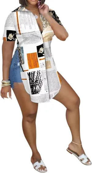 qfmqkpi Women Sexy V Neck Side Slit Collared Blouse Button Down Short Sleeve Long Shirts Tops