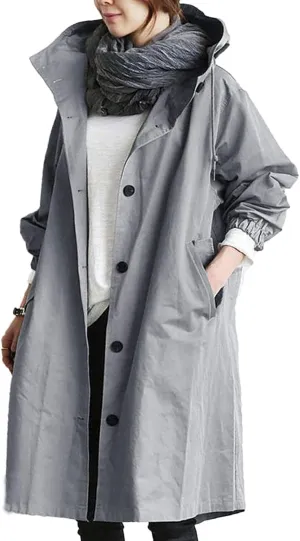 QWENTMTNTY Plus Size Trench Coats for Women Oversized Hooded Long Jackets Casual Fashion Single-Breasted Peacoat Overcoat