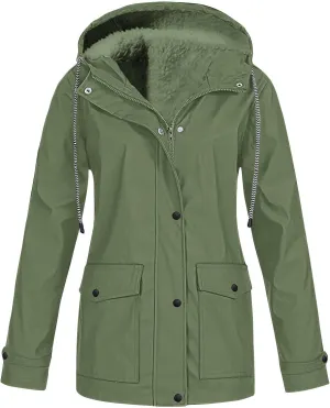 Rain Jacket Women Fleece Lined Waterproof Raincoat for Outdoor Hiking Windbreaker Warm Hooded Rain Jacket with Pockets