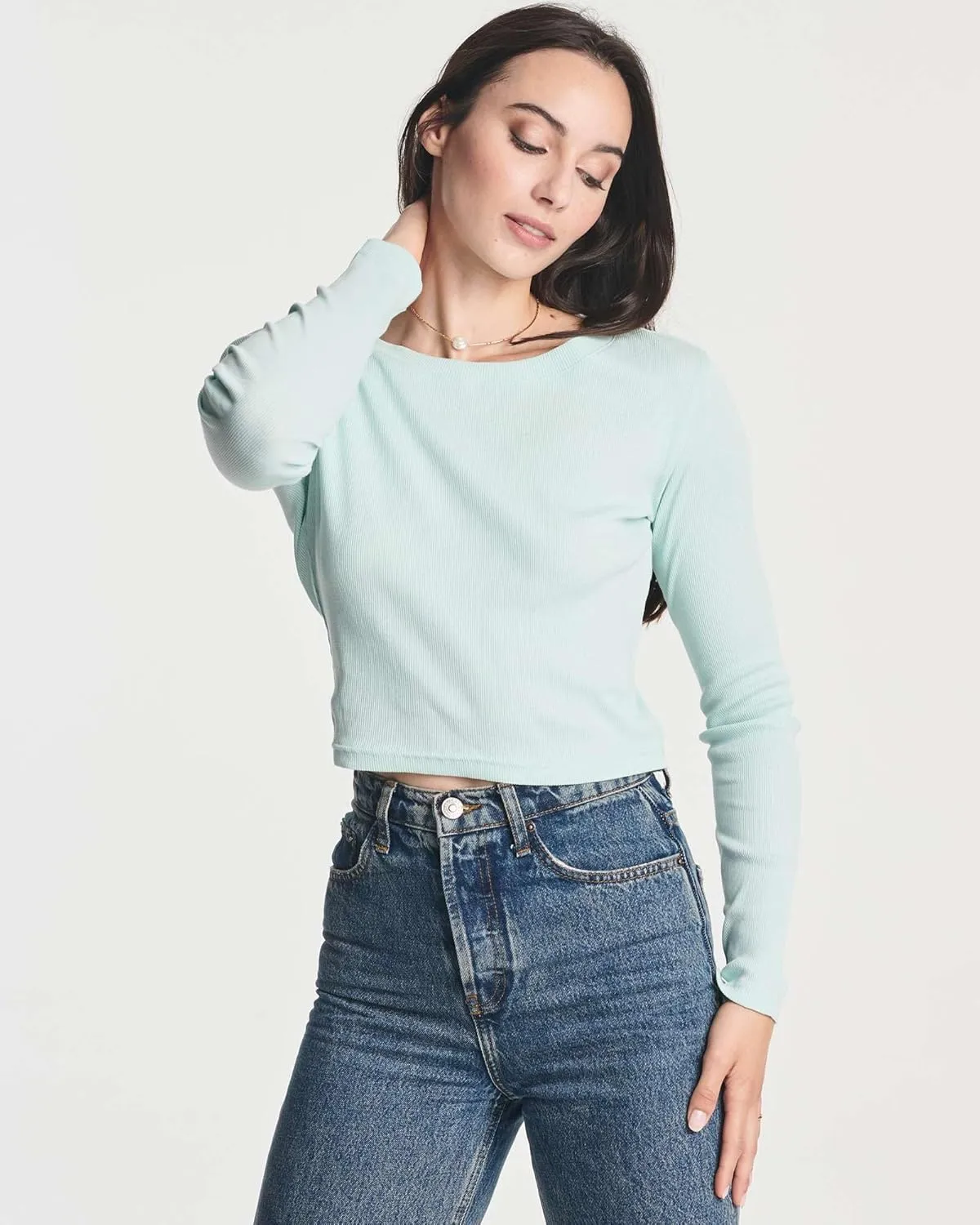Real Essentials 4-Pack: Women's Long Sleeve Ribbed Knit Cotton Crew Neck Crop Top Shirt - (Available in Plus)