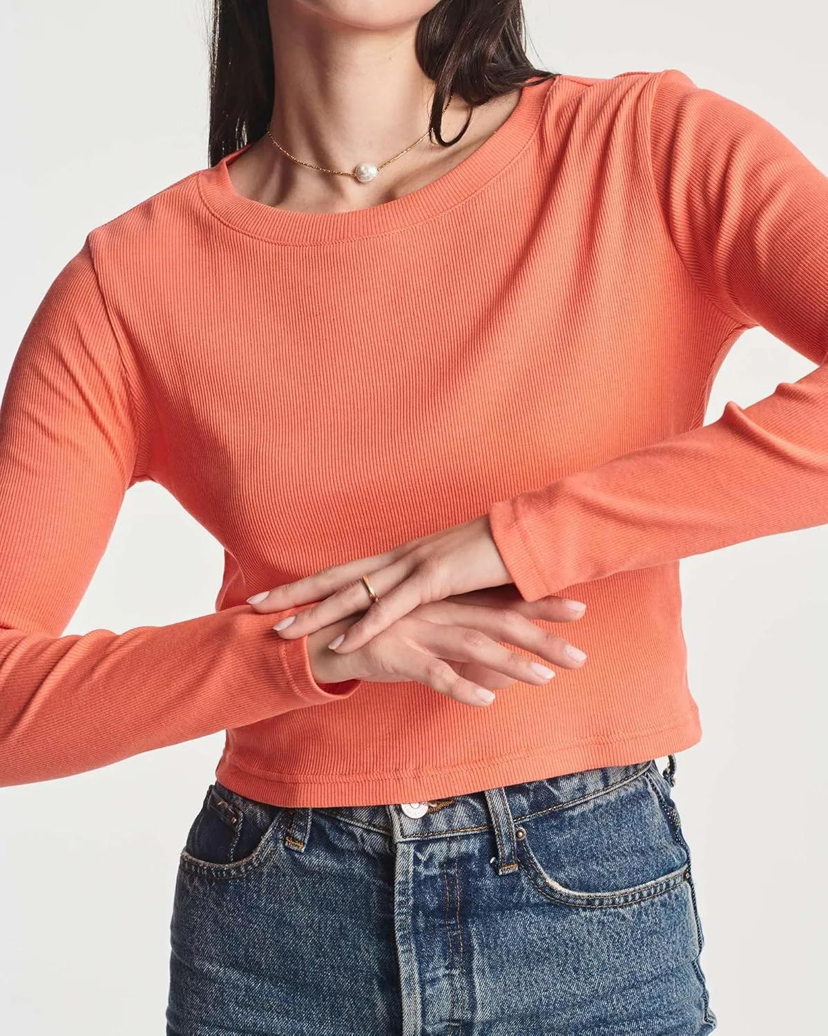 Real Essentials 4-Pack: Women's Long Sleeve Ribbed Knit Cotton Crew Neck Crop Top Shirt - (Available in Plus)