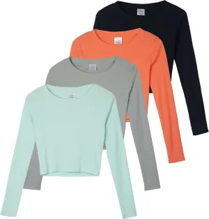 Real Essentials 4-Pack: Women's Long Sleeve Ribbed Knit Cotton Crew Neck Crop Top Shirt - (Available in Plus)
