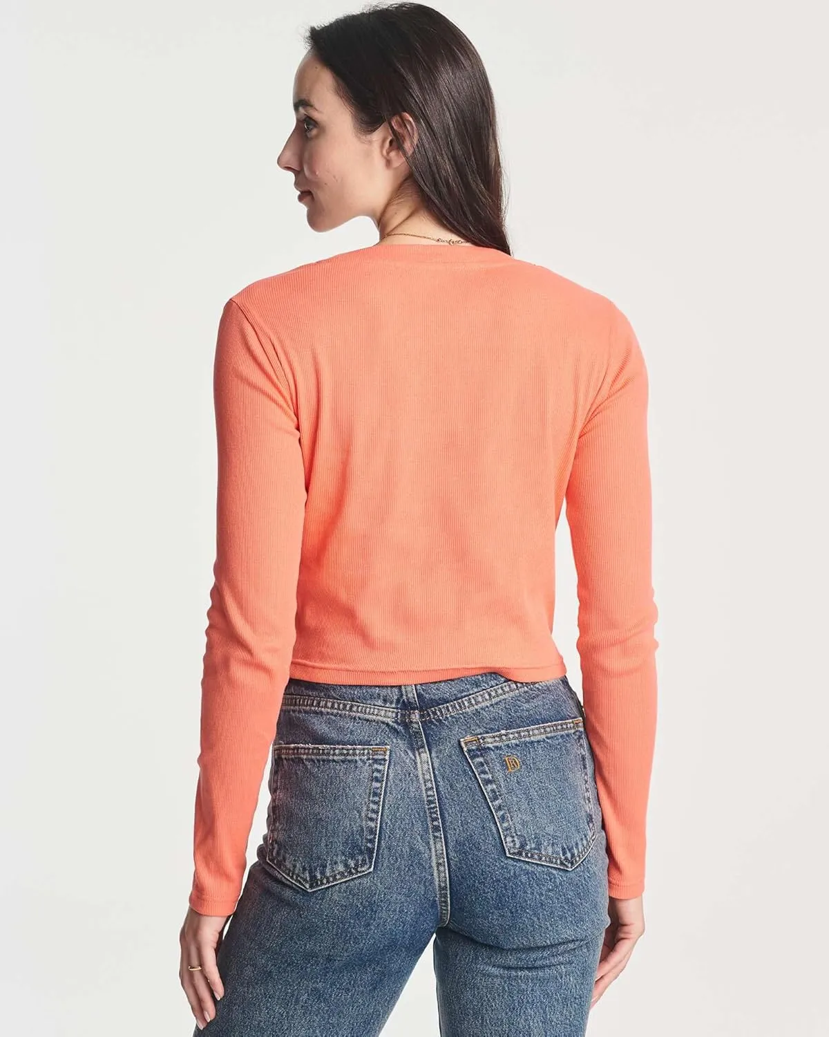 Real Essentials 4-Pack: Women's Long Sleeve Ribbed Knit Cotton Crew Neck Crop Top Shirt - (Available in Plus)