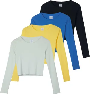 Real Essentials 4-Pack: Women's Long Sleeve Ribbed Knit Cotton Crew Neck Crop Top Shirt - (Available in Plus)