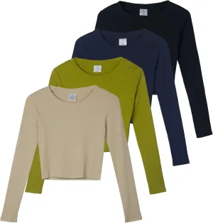 Real Essentials 4-Pack: Women's Long Sleeve Ribbed Knit Cotton Crew Neck Crop Top Shirt - (Available in Plus)