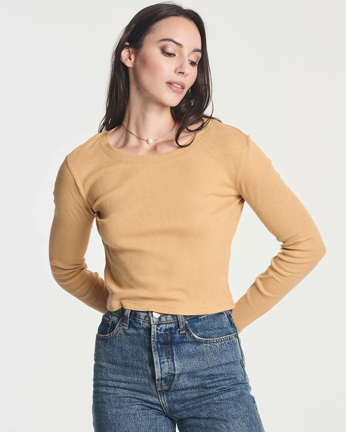 Real Essentials 4-Pack: Women's Long Sleeve Ribbed Knit Cotton Crew Neck Crop Top Shirt - (Available in Plus)
