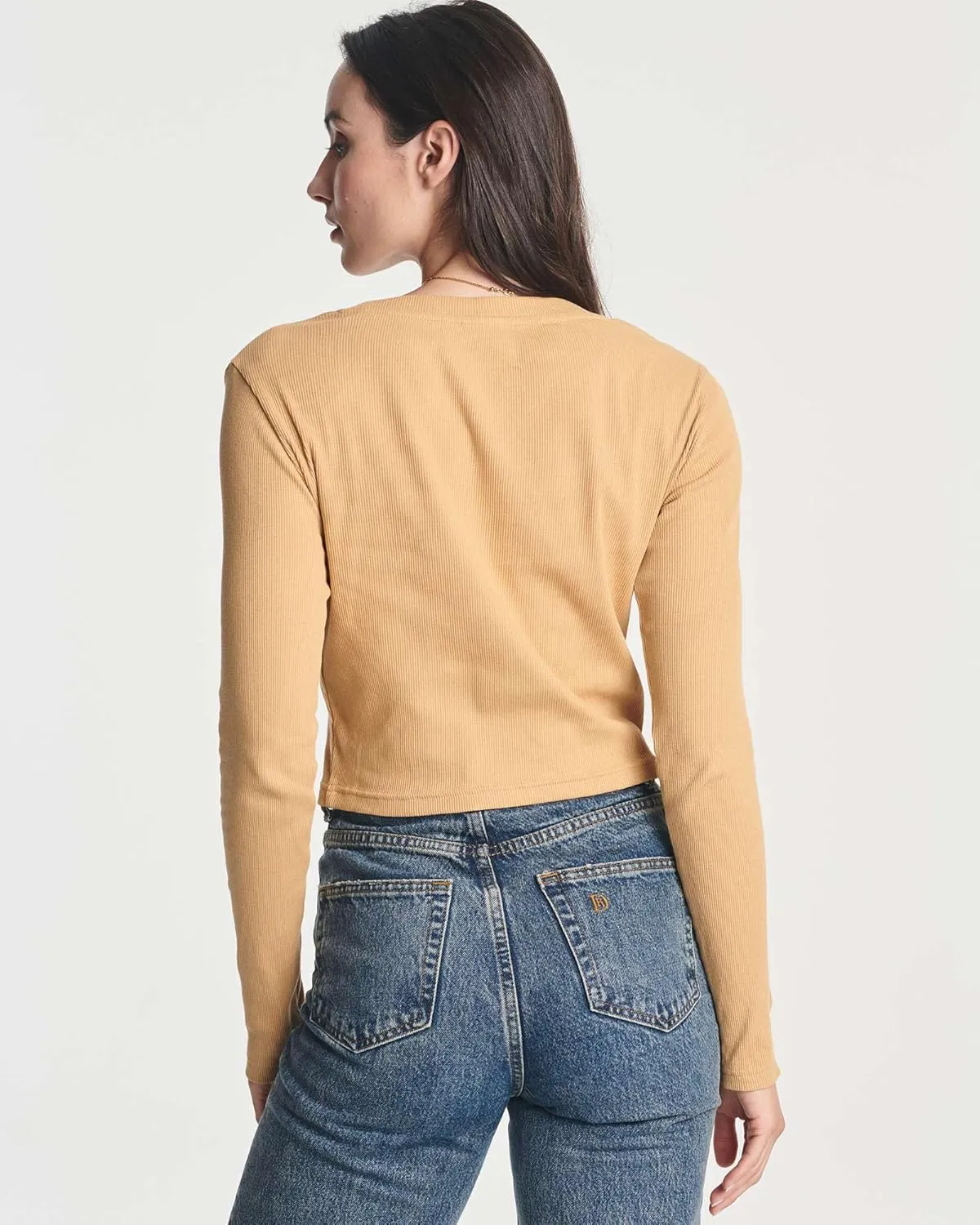 Real Essentials 4-Pack: Women's Long Sleeve Ribbed Knit Cotton Crew Neck Crop Top Shirt - (Available in Plus)