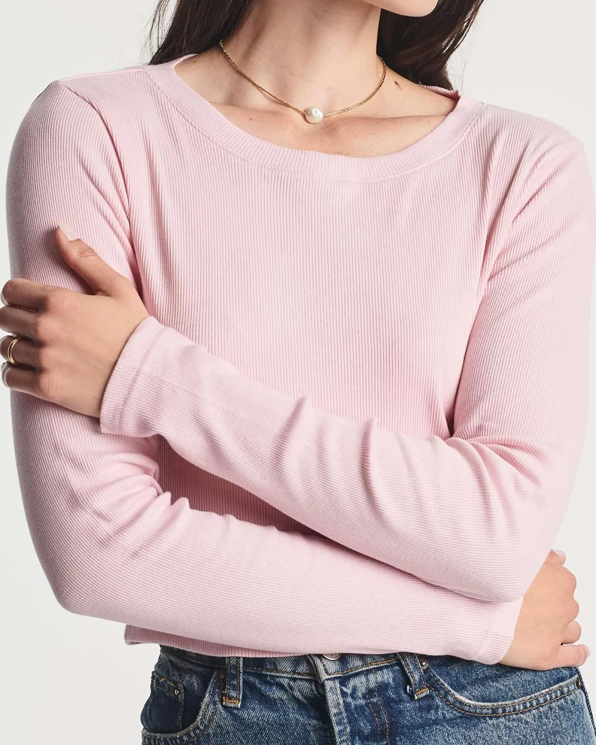 Real Essentials 4-Pack: Women's Long Sleeve Ribbed Knit Cotton Crew Neck Crop Top Shirt - (Available in Plus)