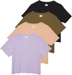 Real Essentials 4 Pack:Women's Lettuce Trim Ribbed Knit Short Sleeve Crop Tops Shirts Casual Summer Going Out T-Shirts