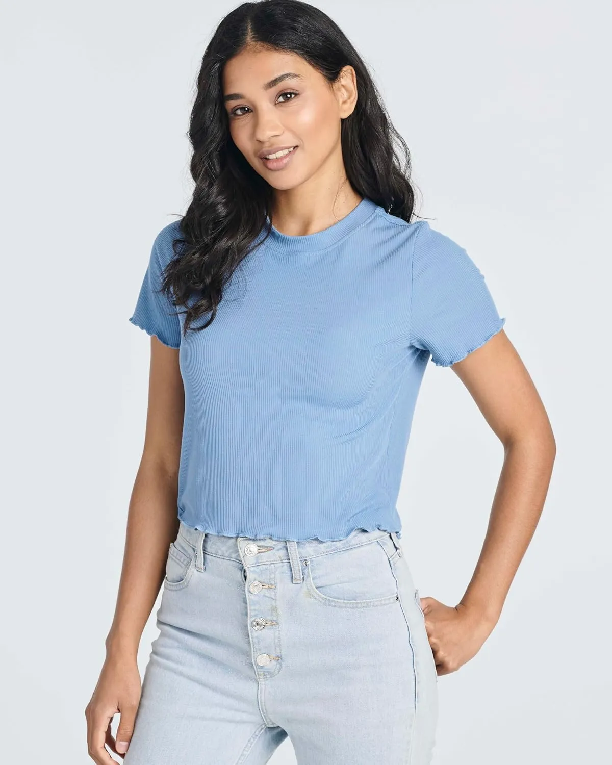 Real Essentials 4 Pack:Women's Lettuce Trim Ribbed Knit Short Sleeve Crop Tops Shirts Casual Summer Going Out T-Shirts