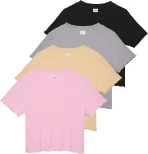 Real Essentials 4 Pack:Women's Lettuce Trim Ribbed Knit Short Sleeve Crop Tops Shirts Casual Summer Going Out T-Shirts