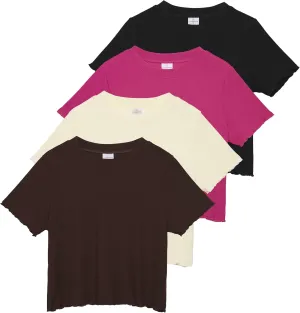 Real Essentials 4 Pack:Women's Lettuce Trim Ribbed Knit Short Sleeve Crop Tops Shirts Casual Summer Going Out T-Shirts