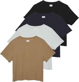Real Essentials 4 Pack:Women's Lettuce Trim Ribbed Knit Short Sleeve Crop Tops Shirts Casual Summer Going Out T-Shirts