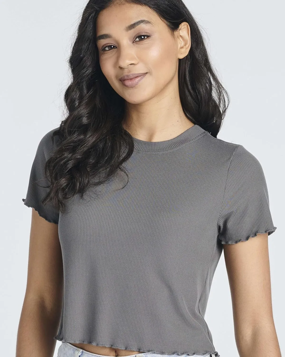 Real Essentials 4 Pack:Women's Lettuce Trim Ribbed Knit Short Sleeve Crop Tops Shirts Casual Summer Going Out T-Shirts