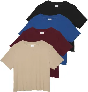 Real Essentials 4 Pack:Women's Lettuce Trim Ribbed Knit Short Sleeve Crop Tops Shirts Casual Summer Going Out T-Shirts