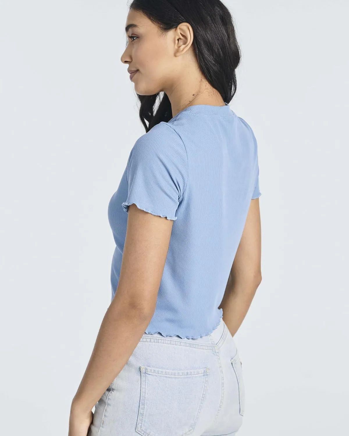 Real Essentials 4 Pack:Women's Lettuce Trim Ribbed Knit Short Sleeve Crop Tops Shirts Casual Summer Going Out T-Shirts
