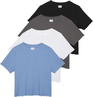 Real Essentials 4 Pack:Women's Lettuce Trim Ribbed Knit Short Sleeve Crop Tops Shirts Casual Summer Going Out T-Shirts
