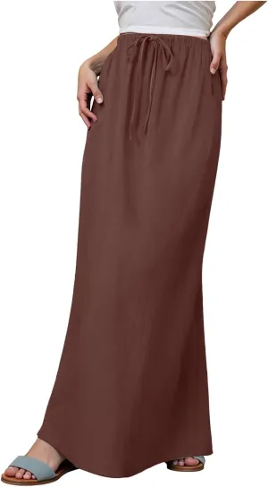 Rvidbe Women's Flowy Boho Maxi Skirt Drawstring Low Waist A Line Vacation Long Skirt Summer Casual Linen Skirts for Women
