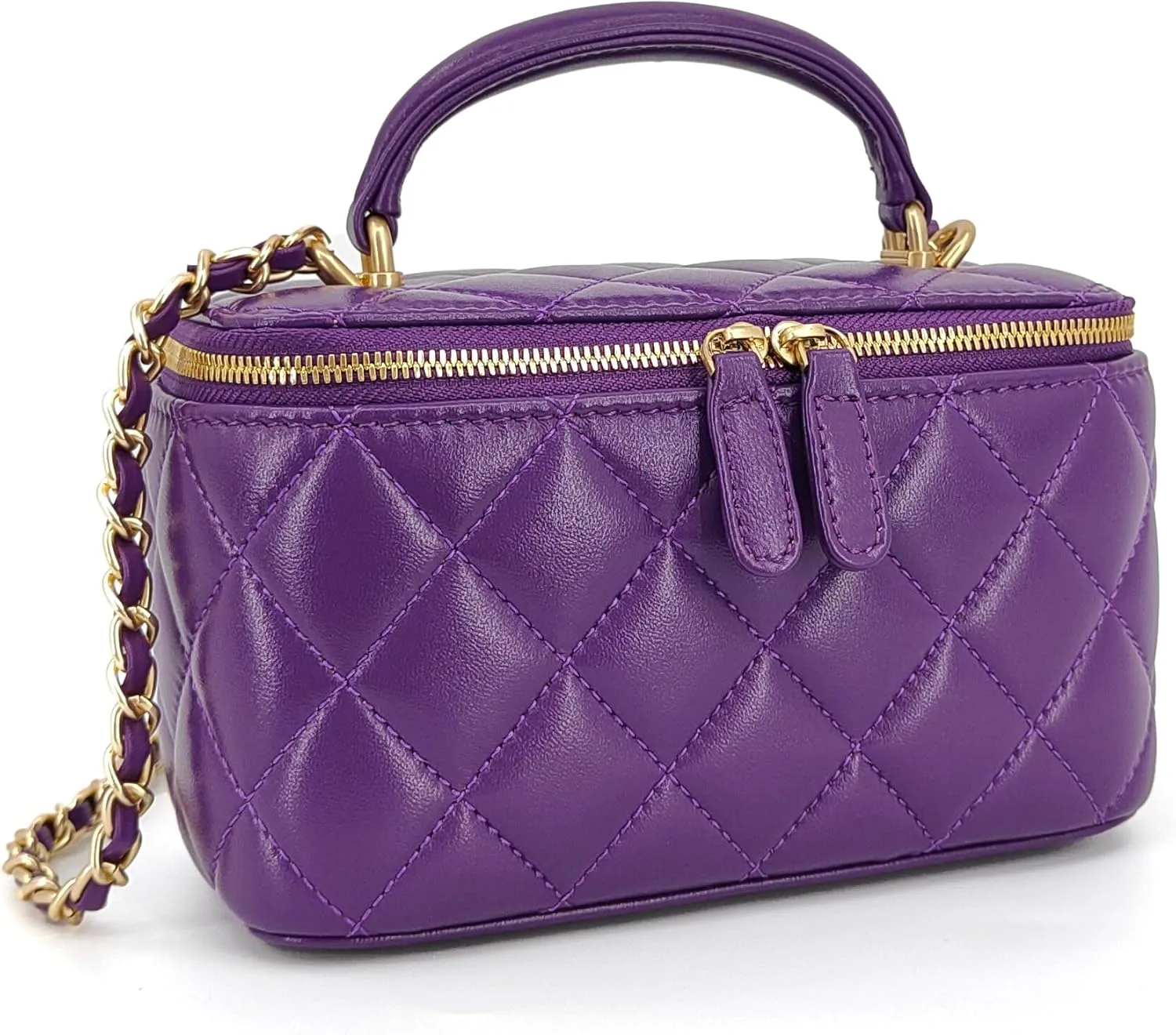 Small Genuine Leather Purse Quilted Crossbody Bag for Women, Mini Top-Handle Shoulder Handbag w/Gold Chain Strap