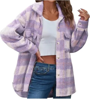 SMIDOW Womens Flannel Plaid Boyfriend Button Down Shacket Coats Quilted Lined Shacket Jacket Outerwear Long Jacket Coats