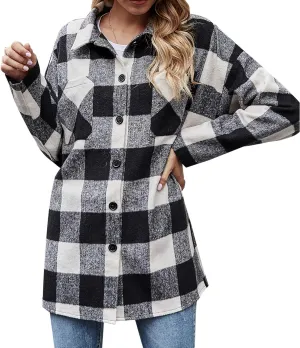 SMIDOW Womens Flannel Plaid Boyfriend Button Down Shacket Coats Quilted Lined Shacket Jacket Outerwear Long Jacket Coats