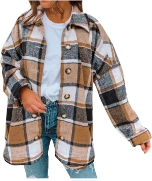 SMIDOW Women’s Oversized Woolen Coats Flannel Plaid Shacket Jacket Quilted Lined Shacket Jacket Outerwear Thin Coat