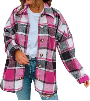 SMIDOW Women’s Oversized Woolen Coats Flannel Plaid Shacket Jacket Quilted Lined Shacket Jacket Outerwear Thin Coat