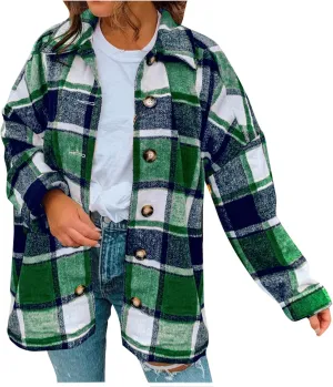 SMIDOW Women’s Oversized Woolen Coats Flannel Plaid Shacket Jacket Quilted Lined Shacket Jacket Outerwear Thin Coat