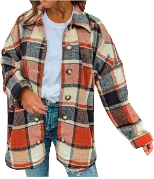 SMIDOW Women’s Oversized Woolen Coats Flannel Plaid Shacket Jacket Quilted Lined Shacket Jacket Outerwear Thin Coat
