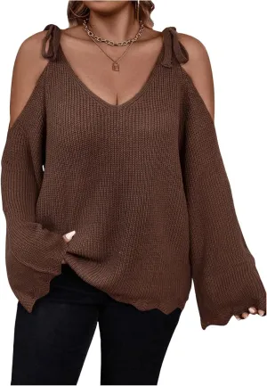 SOLY HUX Women's Plus Size Sweaters Tie Cold Shoulder V Neck Long Sleeve Scallop Trim Knit Pullover Tops