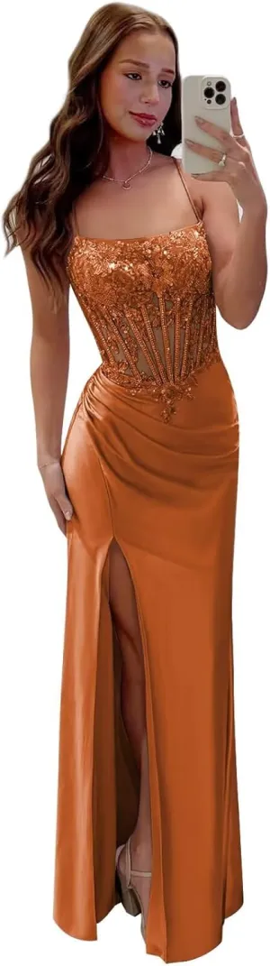 Spaghetti Strap Satin Prom Dress with Slit Sequin Lace Appliques Mermaid Corset Formal Evening Gowns for Women