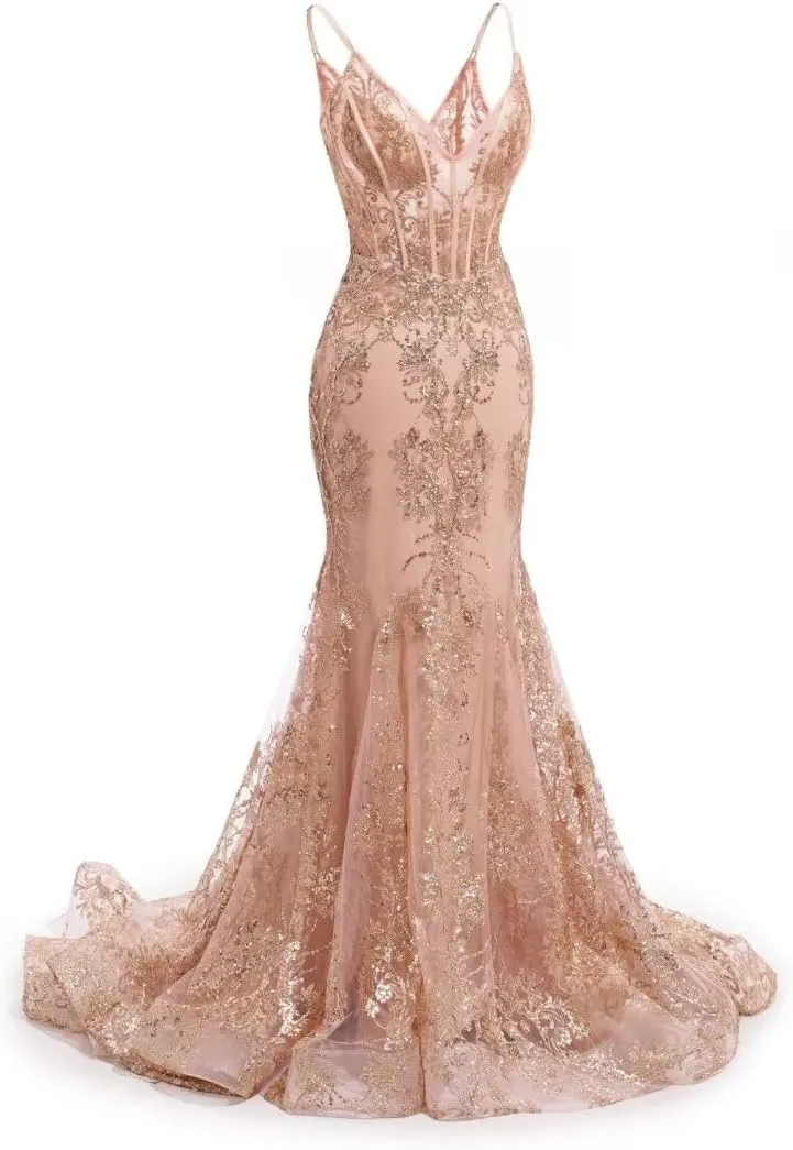 Sparkly Sequin Mermaid Prom Dresses with Train 2025 Spaghetti Straps Corset Formal Dresses Bodycon Ball Gowns XOD0425