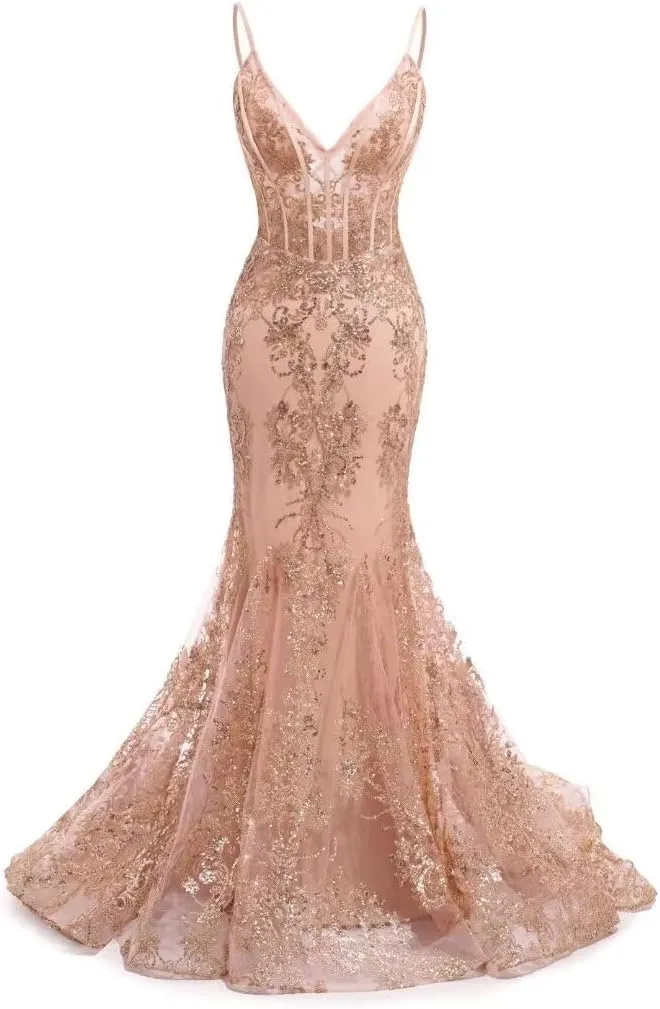 Sparkly Sequin Mermaid Prom Dresses with Train 2025 Spaghetti Straps Corset Formal Dresses Bodycon Ball Gowns XOD0425