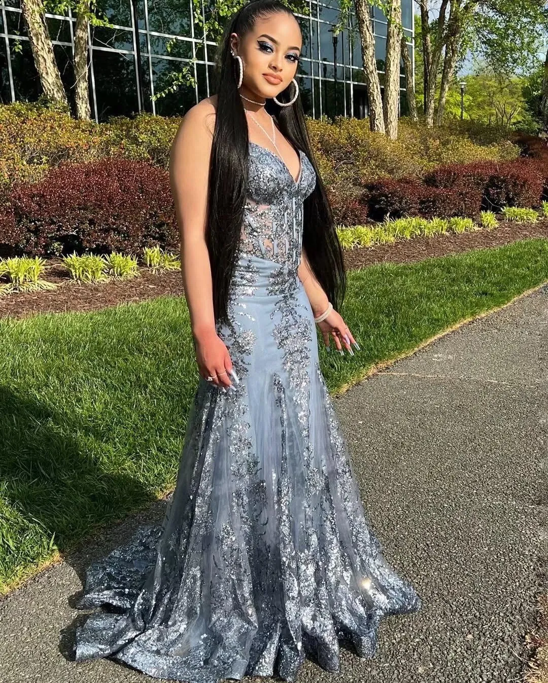 Sparkly Sequin Mermaid Prom Dresses with Train 2025 Spaghetti Straps Corset Formal Dresses Bodycon Ball Gowns XOD0425