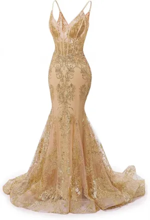 Sparkly Sequin Mermaid Prom Dresses with Train 2025 Spaghetti Straps Corset Formal Dresses Bodycon Ball Gowns XOD0425