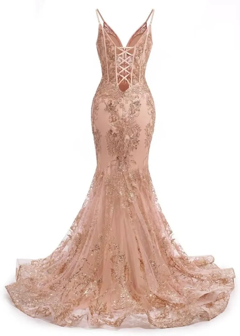 Sparkly Sequin Mermaid Prom Dresses with Train 2025 Spaghetti Straps Corset Formal Dresses Bodycon Ball Gowns XOD0425