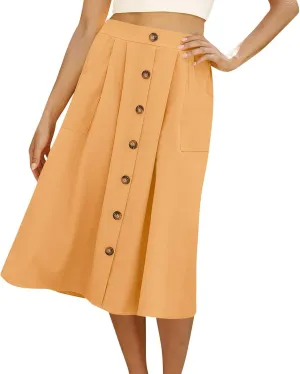 Spring Skirts for Women Summer High Elastic Waist Pleated Midi Skirt Linen Button Front A Line Skirts with Pockets