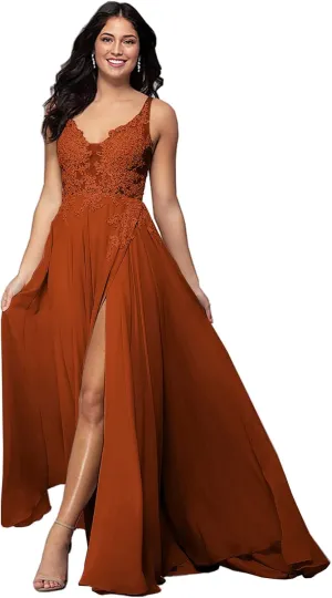 Sukleet Women's V Neck Lace Appliqued Prom Dresses A-line High Slit Formal Evening Party Gowns