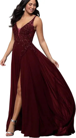 Sukleet Women's V Neck Lace Appliqued Prom Dresses A-line High Slit Formal Evening Party Gowns