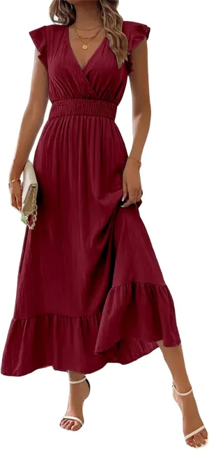 Summer Dress for Women Ruffle Sleeve V Neck Maxi Dresses Waist Flowy Swing Dress Ruched Hem Elegant Sundress 2025