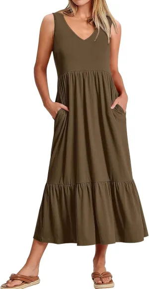 Summer Dresses for Women 2025 Sleeveless V Neck Sundress Ruffle Tiered Beach Vacation Dress The Waist Dresses