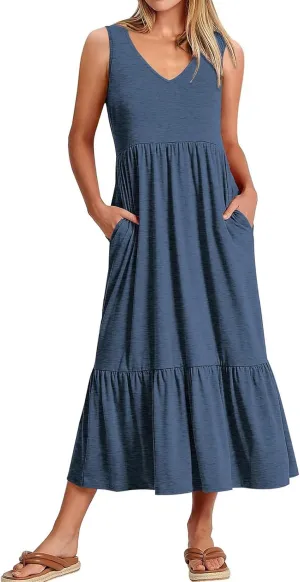 Summer Dresses for Women 2025 Sleeveless V Neck Sundress Ruffle Tiered Beach Vacation Dress The Waist Dresses
