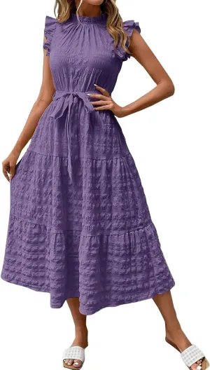Summer Dresses for Women Ruffle Sleeve Neck Sundress High Waist Strappy Midi Dress Fashion Trendy Dressy Dresses