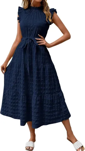 Summer Dresses for Women Ruffle Sleeve Neck Sundress High Waist Strappy Midi Dress Fashion Trendy Dressy Dresses
